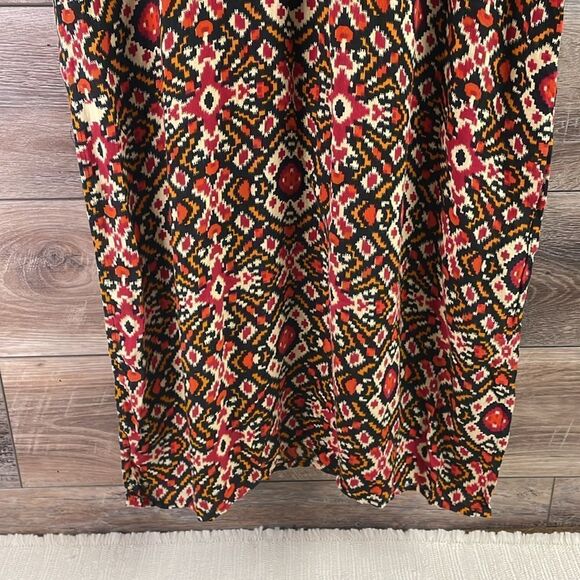 JMD Kaftan Tunic Dress Sequined Metallic Trim Southwestern Print Red Black Tan - Picture 4 of 10